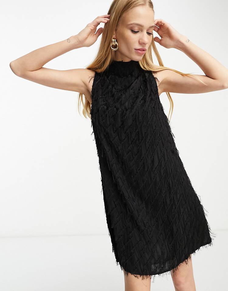 Other Stories faux feather effect mini dress in black